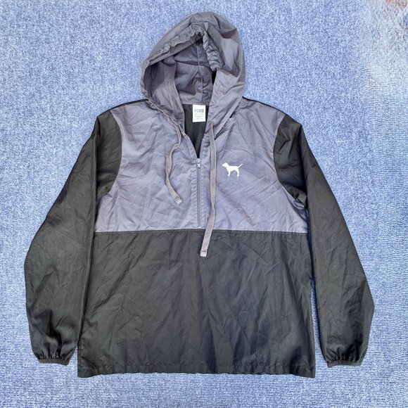 Pink Victoria's Secret Windbreaker XS Black Gray Hooded 1/2 Zip Pullover - Picture 3 of 9